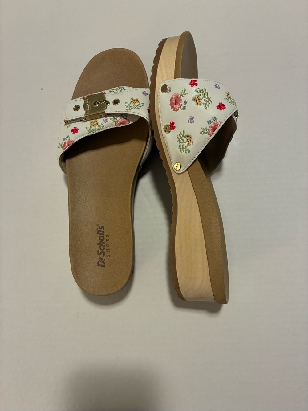 Dr. Scholl's White Floral Embroidered Slide Sandals with Gold Accents
